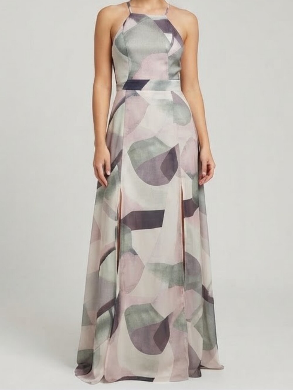 Miss Avenue Abstract Print Halter Maxi Dress in Pastel Pink and Sage